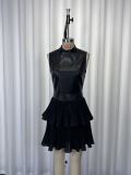 SC Sleeveless PU Leather Patchwork Ruffles Mini Dress GWDS-260143