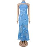 SC Sexy Ribbon Print Backless Tube Top Maxi Dress BY-7671