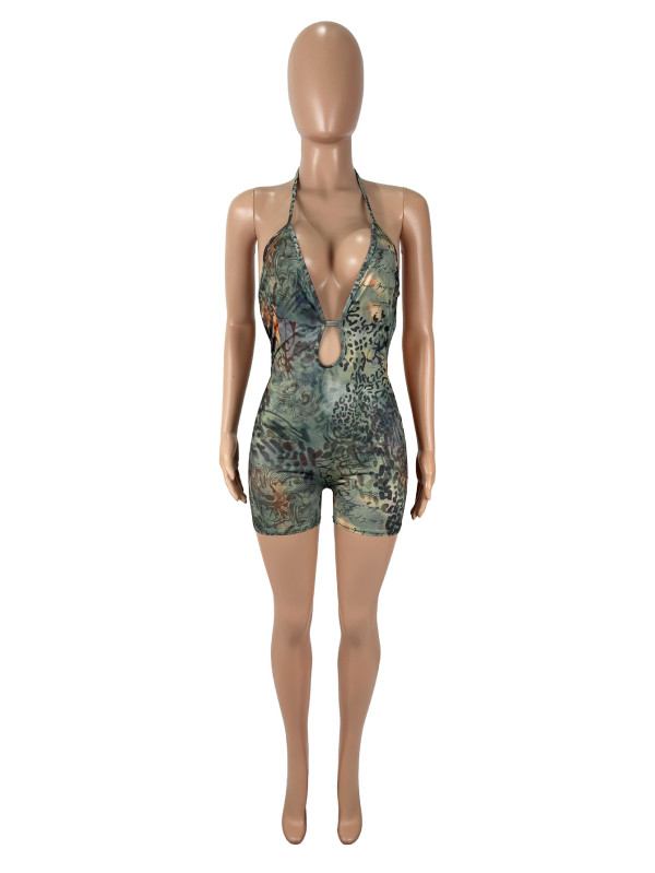 SC Leopard Print Hollow Out Halterneck Romper SHD-9793