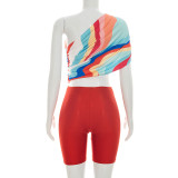 SC Single Shoulder Colorful Print Two Piece Shorts Set MXBF-J26ST125
