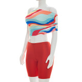 SC Single Shoulder Colorful Print Two Piece Shorts Set MXBF-J26ST125