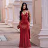 SC Sexy Ribbon Sequin V Neck Mesh Sling Maxi Dress BY-7647