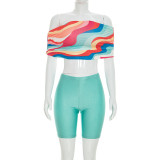 SC Single Shoulder Colorful Print Two Piece Shorts Set MXBF-J26ST125
