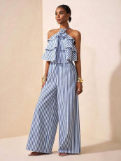 SC Halterneck Stripe Print Backless Jumpsuit NY-11282
