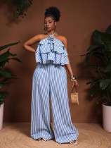 SC Halterneck Stripe Print Backless Jumpsuit NY-11282