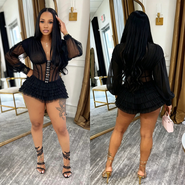 SC V Neck See Through Mesh Mini Dress BY-7685