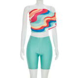 SC Single Shoulder Colorful Print Two Piece Shorts Set MXBF-J26ST125