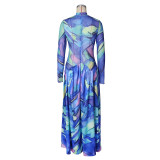 SC Mesh Print Long Sleeve Maxi Dress ZSD-0777