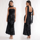 SC Sexy Ribbon Print Backless Tube Top Maxi Dress BY-7671