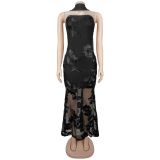 SC Sexy Ribbon Print Backless Tube Top Maxi Dress BY-7671