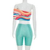 SC Single Shoulder Colorful Print Two Piece Shorts Set MXBF-J26ST125