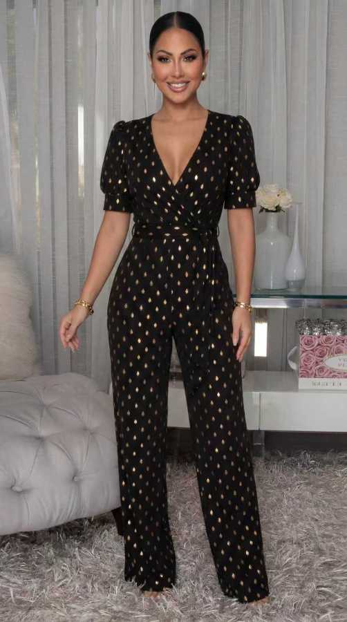 SC Short Sleeve V Neck Wide Leg Jumpsuit OSM-4498