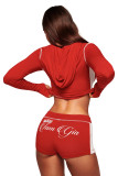 SC Letter Print Zipper Hooded Tops Two Piece Short Set YWXS-K26L2128