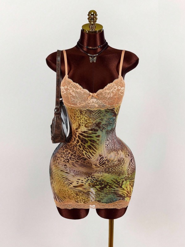 SC V Neck Print Lace Patchwork Sling Mini Dress GXIY-K25L753