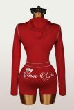 SC Letter Print Zipper Hooded Tops Two Piece Short Set YWXS-K26L2128
