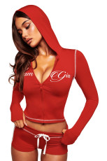 SC Letter Print Zipper Hooded Tops Two Piece Short Set YWXS-K26L2128