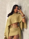 SC Slash Neck Off Shoulder Tie Up Two Piece Skirts Set QYMF-A740