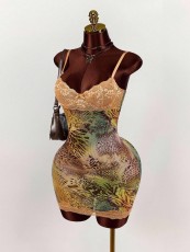 SC V Neck Print Lace Patchwork Sling Mini Dress GXIY-K25L753