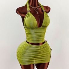 SC Solid Color Halterneck Tank Top Skirts Suit GXIY-K26L2096
