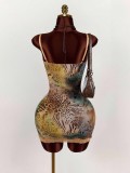 SC V Neck Print Lace Patchwork Sling Mini Dress GXIY-K25L753