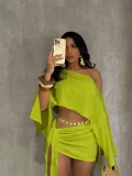 SC Slash Neck Off Shoulder Tie Up Two Piece Skirts Set QYMF-A740