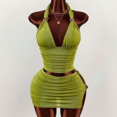 SC Solid Color Halterneck Tank Top Skirts Suit GXIY-K26L2096