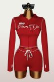 SC Letter Print Zipper Hooded Tops Two Piece Short Set YWXS-K26L2128