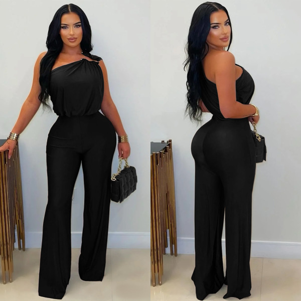 SC Slash Shoulder Solid Color Loose Jumpsuit BY-7578