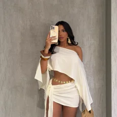 SC Slash Neck Off Shoulder Tie Up Two Piece Skirts Set QYMF-A740