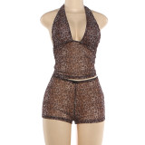 SC Leopard Print Halterneck Tops 2 Piece Shorts Set DLSF-K6S05948A