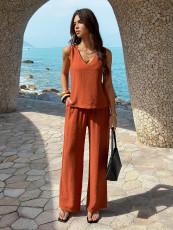 SC V Neck Solid Color Two Piece Pants Set GZEY-K26290141