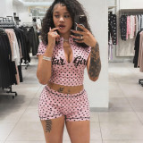 SC Letter Print Short Sleeve Zipper Sport Shorts Suit DLSF-K6S05194A