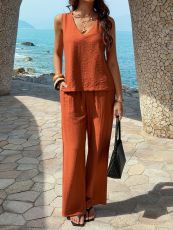 SC V Neck Solid Color Two Piece Pants Set GZEY-K26290141
