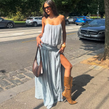 SC Sexy Mesh Solid Color Split Sling Maxi Dress XEF-K6D05526A