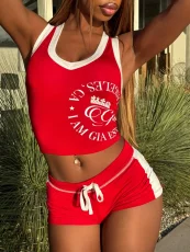 SC Letter Print Sleeve Contrast Color Two Piece Set GKYS-2710-112