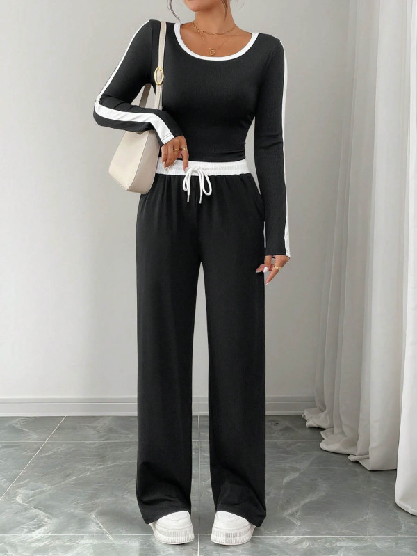 SC Long Sleeve Loose Color Block Pants Suit HNIF-MC003