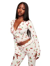 SC Fashion Casual Cherry Print Zipper Hoodie And Skinny Pants Set GKYS-2980
