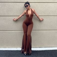 SC V Neck Backless Mesh Patchwork Jumpsuit GPKJ-MR18592