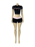 SC Letter Print Contrast Color Sport Shorts Suit CH-26015