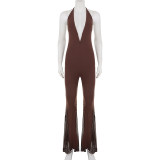 SC V Neck Backless Mesh Patchwork Jumpsuit GPKJ-MR18592