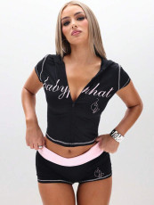 SC Letter Print Contrast Color Sport Shorts Suit CH-26015