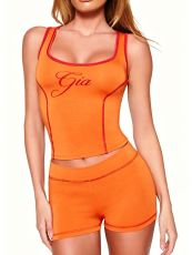 SC Letter Print Square Neck Two Piece Shorts Set GFCF-1463