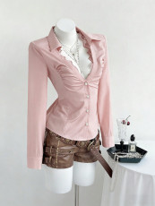 SC Solid Color V Neck Long Sleeve Shirt GYXN-73913