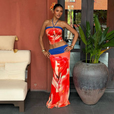 SC Print Halterneck Vest Long Skirts 2 Piece Set GZJQ-K6S05317A