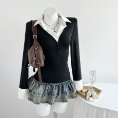 SC S Neck Long Sleeve Patchwork Tops GYXN-95160