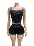 SC Letter Print Square Neck Two Piece Shorts Set GFCF-1463
