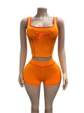 SC Letter Print Square Neck Two Piece Shorts Set GFCF-1463