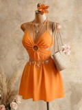 SC Solid Color Sling Backless Tie Up Mini Dress GHYX-TXY5285