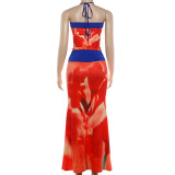 SC Print Halterneck Vest Long Skirts 2 Piece Set GZJQ-K6S05317A