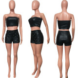SC Solid Color PU Leather Two Piece Shorts Set HMS-5596